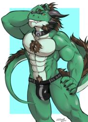 abs anthro chest_tuft clothing collar dragon fluffy horn invalid_tag jockstrap leather lilshark male male/male muscular spikes tuft underwear