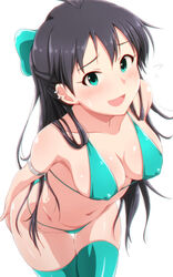 :d ahoge alternative_hairstyle aqua_bikini aqua_eyes aqua_legwear aqua_swimsuit armlet bent_over bikini black_hair bow breasts chromatic_aberration cleavage cowboy_shot dutch_angle earrings erect_nipples erect_nipples_under_clothes female flying_sweatdrops ganaha_hibiki hair_down hair_ornament hairbow half_updo idolmaster idolmaster_(classic) jewelry leaning_forward legwear long_hair looking_at_viewer medium_breasts multiple_earrings navel nipples oerba_yun_fang open-mouth_smile open_mouth simple_background smile solo string_bikini sweatdrop swimsuit tagme tengu_(tetuo_kun) tetsuo_kun thigh_gap thighhighs tied_hair white_background