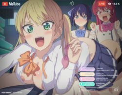 big_breasts blue_eyes blue_hair blue_ribbon blue_skirt blush breasts condom eufoniuz filled_condom green_eyes hoshizaki_rika huge_breasts kanojo_mo_kanojo livestream long_hair minase_nagisa mukai_naoya nipple_slip nipples open_shirt orange_ribbon partially_undressed polygyny red_eyes red_hair red_ribbon saki_saki_(kanojo_mo_kanojo) school_uniform schoolgirl short_hair skirt twintails white_shirt yellow_hair