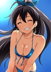 ^_^ ahoge bare_shoulders bikini black_hair blue_bikini bow breasts clavicle cleavage closed_eyes earrings female front-tie_top ganaha_hibiki grin hair_ornament hairbow high_ponytail hoop_earrings idolmaster idolmaster_(classic) jabara_tornado jewelry long_hair medium_breasts navel oerba_yun_fang ponytail ribbon skindentation sky smile solo string_bikini swimsuit tagme tied_hair very_long_hair