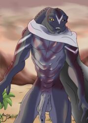 2018 3_fingers abs alien arbiter_(halo) athletic athletic_anthro athletic_male balls big_balls big_penis black_penis blurry_background body_paint cape colored day desert detailed_background digital_media_(artwork) facing_viewer foreskin front_view grey_scales half-closed_eyes halo_(series) huge_cock humanoid_penis light logo long_foreskin male male_only male_sangheili_(halo) mostly_nude mostly_nude_anthro mostly_nude_male not_furry pecs penis_vein plant red_paint sand sangheili scalie scalie_humanoid shaded sharp_teeth signature smile smiling smiling_at_viewer solo solo_male standing thebigblackcod thel_vadam three-quarter_portrait video_games white_paint yellow_eyes