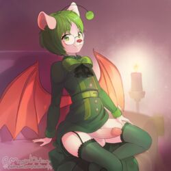 1:1 anthro balls bat_wings bow_tie candle clothed clothing crossdressing cute_fangs erection eric_the_moogle femboy final_fantasy fur furniture garter_straps genitals girly green_eyes green_hair hair humanoid_genitalia humanoid_penis inside leggings legwear looking_at_viewer magical_ondine male male_only mammal membrane_(anatomy) membranous_wings moogle penis sitting sofa solo square_enix thigh_highs video_games white_body white_fur wings