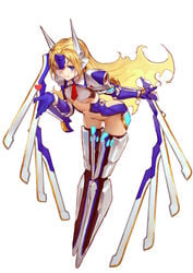 1girls arc_system_works ass atorosu blazblue blonde_hair blowing_kiss blue_eyes bodysuit heart leaning_forward long_hair looking_at_viewer maebari mu-12 noel_vermillion one_eye_closed small_breasts sword