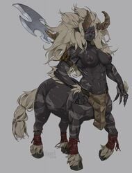 2019 areola blonde_hair breasts breath_of_the_wild claws elbow_tuft female finger_claws fur furry grey_body grey_fur hair hi_res hooves horn kiguryu lynel lynel_female mane monster_girl muscular muscular_female nintendo nipples red_eyes scar simple_background solo taur the_legend_of_zelda video_games weapon weapon_on_back