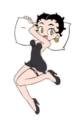 (original_artist_tbd) 1girls alternate_version_available betty_boop betty_boop_(series) black_dress black_hair casual classic cute dress female female_only footwear garter green_eyes heels high_heels legwear minidress pillow sallyx solo transparent_background wristwear