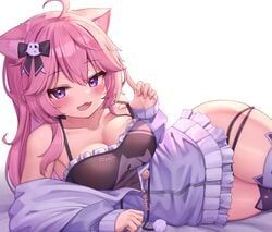 1girls 2d armpits bed big_breasts blush cat_ears catgirl cleavage deaver female female_only hair_ornament hair_ribbon kemonomimi large_breasts laying_down laying_on_bed light-skinned_female light_skin looking_at_viewer nyatasha_nyanners open_mouth pale-skinned_female pale_skin pink_hair purple_eyes simple_background solo thick_thighs thighs virtual_youtuber vshojo