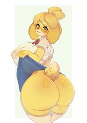 animal_crossing ass before_sex bell blush bubble_ass bubble_butt butt_crack butt_focus domestic_dog dress_shirt erect_nipples fat_ass furry hair_bun huge_ass huge_breasts huge_butt isabelle_(animal_crossing) lifting_skirt looking_at_viewer lowres miloff nintendo partially_clothed raised_tail red_ribbon smiling_at_viewer stockings tail thick_ass thick_thighs thumbnail white_stockings wide_hips yellow_body yellow_fur yellow_hair