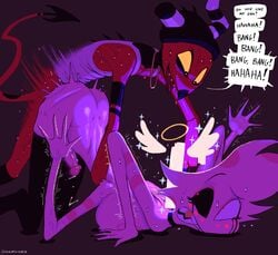 2boys anal anal_sex angel_dust_(hazbin_hotel) anthro anthro_on_anthro anthro_only arachnid arched_back bodily_fluids chest_tuft choker cock colt colt_1911 crying cum cum_while_forced cum_while_penetrated demon doggy_style dracreloaded ejaculation erect_penis erection face_down_ass_up femboy from_behind gay gay_sex god_gun gun halo hazbin_hotel helluva_boss horns imp m1911 male male/male male_only naked nude orgasm orgasm_from_anal original_character penis rape red_skin sex spider tail tears text thighhighs thighs threatening thrusting white_fur white_hair wide_eyed yaoi