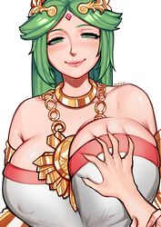 1girls 1other alternate_breast_size big_breasts breast_grab breasts cleavage disembodied_hand female green_hair groping guided_breast_grab hand_on_breast huge_breasts kid_icarus kid_icarus_uprising long_hair looking_at_viewer mariezone milf nintendo palutena pov smile tiara white_dress