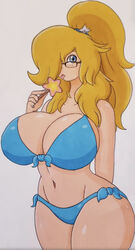 1girls big_breasts bikini bimbo blonde_hair blue_eyes breasts female female_only glasses jumneyarts licking long_hair mario_(series) ponytail popsicle princess_rosalina proton_jon rosajon rule_63 simple_background solo standing super_mario_galaxy thick_thighs tied_hair wink