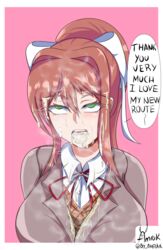 amrak breasts brown_hair cum cum_in_mouth cum_on_breasts doki_doki_literature_club green_eyes monika_(doki_doki_literature_club) ribbon school_uniform white_ribbon