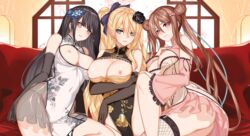 3girls aqua_eyes arm_under_breasts bangs bare_shoulders black_hair blonde_hair breasts breasts_out brown_hair china_dress chinese_clothes chun-mei cleavage cleavage_cutout clothes_lift clothes_pull clothing_cutout commission couch double_bun dress dress_lift dress_pull earrings elbow_gloves esg_(essagna) fishnet_legwear fishnets flower garter_straps gloves grey_eyes hair_flower hair_ornament hairpin hand_on_another's_knee highres jewelry jin-lian knee_up large_breasts long_hair multiple_girls navel nipples original pelvic_curtain ping-yi ponytail purple_eyes see-through see-through_skirt shiny shiny_skin sitting skindentation skirt smile thigh_strap thighhighs