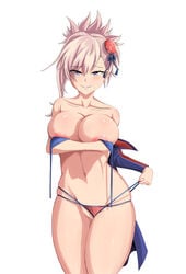 absurdres american_flag_bikini artist_request asymmetrical_hair bikini blue_eyes breasts bun_cover cleavage collarbone eyebrows_visible_through_hair fate/grand_order fate_(series) female flag_print hair_bun highres large_breasts looking_at_viewer miyamoto_musashi_(fate) miyamoto_musashi_(swimsuit_berserker) multicolored multicolored_clothes multicolored_swimsuit navel nipples pink_hair pussy pussy_juice side-tie_swimsuit simple_background solo swimsuit two-tone_swimsuit white_background