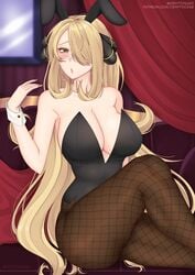 1girls alternate_costume blonde_hair brown_eyes bunny_ears bunny_girl bunnysuit cryptid_crab cynthia_(pokemon) fishnets hair_over_one_eye large_breasts nintendo open_mouth pokemon pokemon_dppt solo thick_thighs very_long_hair