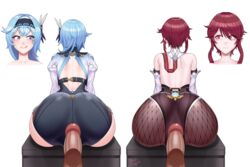 2boys 2girls big_penis black_penguin blue_hair bubble_ass bubble_butt disembodied_penis eula_(genshin_impact) face_focus female_focus genshin_impact imminent_sex pale_skin red_hair rosaria_(genshin_impact) veiny_penis