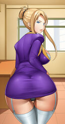 1girls ass ass_focus bending_over big_ass black_choker blonde_hair blue_eyes bra breasts bursting_breasts choker cleavage cleavage_overflow curvy curvy_body discipline discipline:record_of_a_crusade discipline_zero dress facing_back facing_viewer female female_focus from_behind garter_straps hairbun highres huge_ass huge_breasts impossible_clothes leaning_back lingerie lips lipstick long_hair looking_at_viewer looking_back makeup metalbolic microdress microskirt minidress miniskirt mole mole_under_mouth morimoto_reina panties pantyshot parted_lips purple_dress sideboob skirt solo stockings thighhighs thong tight_clothing tight_dress underwear white_bra white_legwear white_lingerie white_panties white_stockings