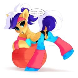 1:1 2021 accessory animatedpony_(oc) blue_eyes blush clothing dialogue english_text equid equine exercise exercise_ball exercise_clothing fan_character feathered_wings feathers female feral genitals hair hasbro headband hi_res hooves leg_warmers legwear mammal multicolored_hair my_little_pony open_mouth pegasus ponytail pussy quadruped simple_background solo speech_bubble standing sweatband tan_body tan_feathers tan_wings teeth text tongue two_tone_hair white_background wings zlatavector