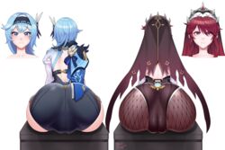 2girls black_penguin blue_hair bubble_ass bubble_butt eula_(genshin_impact) face_focus female_focus female_only genshin_impact multiple_girls pale_skin red_hair rosaria_(genshin_impact)