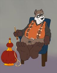 2015 anthro belly black_nose bravo brown_body brown_fur clothing eyewear flaccid fur genitals glasses humanoid_genitalia humanoid_hands humanoid_penis male mammal overweight overweight_male penis procyonid raccoon simple_background sitting solo sweater sweater_vest topwear vest