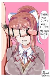 amrak big_penis breasts brown_hair cum cum_in_mouth doki_doki_literature_club monika_(doki_doki_literature_club) partial_male penis_on_face penis_over_eyes ribbon school_uniform white_ribbon