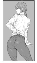 1girls ass_focus big_ass black_and_white chainsaw_man clothing curvy looking_at_viewer makima_(chainsaw_man) mature_female mature_woman office_clothing shirt_tucked_in smile smiling smiling_at_viewer smirk solo thick_ass thick_thighs tucked_shirt urec wedgie wide_hips