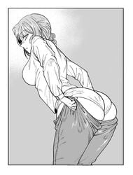 arched_back ass_focus big_ass black_and_white chainsaw_man looking_at_viewer looking_back makima_(chainsaw_man) panties pants_down thick_thighs underwear urec