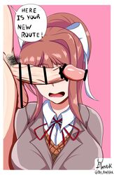 amrak big_penis breasts brown_hair doki_doki_literature_club monika_(doki_doki_literature_club) partial_male penis_on_face penis_over_eyes ribbon school_uniform white_ribbon