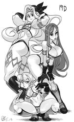 3girls abs alex_ahad amazon_(dragon's_crown) arm_guards armband ass belt big_breasts bikini bikini_armor boots braided_hair breasts cleavage crouching dragon's_crown elf elf_(dragon's_crown) female female_only greyscale headband hi_res long_hair looking_at_viewer matching_outfit muscular muscular_female posing sideboob sorceress_(dragon's_crown) tattoo thick_thighs underboob v_sign very_long_hair white_background