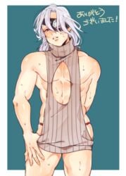 alternate_costume ambush_(trap) blush cleavage_cutout demon_slayer eye_patch hair_down kimetsu_no_yaiba kyu_717 looking_at_viewer male male_only muscular muscular_male red_eyes silver_hair solo sweat uzui_tengen virgin_killer_sweater