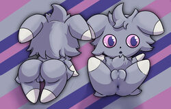 anus ass espurr felid feline female feral fur furry furry_only genitals grey_body grey_fur lying mammal moderatelyashamed nintendo on_back pokémon_(species) pokemon presenting presenting_pussy purple_eyes pussy rear_view shaded solo spread_legs spreading video_games