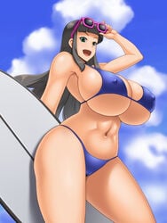 1girls bare_shoulders belly_button bikini black_hair blue_sky breasts bursting_breasts cameltoe cleavage cleft_of_venus cloudy_sky covered_erect_nipples curvaceous curvy daytime erect_nipples facing_viewer female female_focus green_eyes highres hourglass_figure huge_breasts huge_hips kawanuma_uotsuri long_hair looking_at_viewer navel nipples_bulge nipples_visible_through_bikini open_mouth original original_character outdoors purple_bikini purple_swimsuit saionji_natsu slender slender_waist solo standing sunglasses sunglasses_on_head surfboard swimsuit tight_bikini underboob