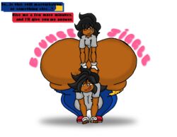 1boy 1girls allstarman ass bending_forward black_hair blue_eyes breasts dark-skinned_female dark-skinned_male dark_skin english_text female female_focus hips hyper_ass large_ass large_breasts larger_female long_hair male male/female mostly_nude pants_down self_insert sex short_hair size_difference smaller_male text thick_thighs thighs wide_hips