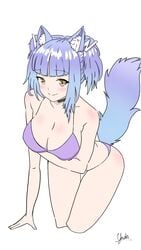 2021 almost_naked blush blushing brown_eyes fanart hair indie_virtual_youtuber large_breasts letter_hair_ornament purple_hair purple_swimsuit simple_background smile smiling swimsuit thick_thighs twintails virtual_youtuber vtuber white_background wolf wolf_ears wolf_girl wolf_tail woohoolad yada_yoo