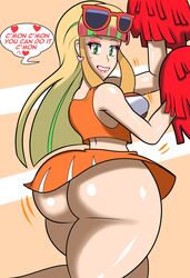 1girls ass big_ass big_butt cheerleader cheerleader_uniform earrings eye_contact eyelashes eyewear_on_head female green_eyes heart heart-shaped_earrings large_ass lisa_(minna_no_monogatari) long_hair looking_at_viewer multicolored_hair nintendo pokemon pokemon_(movie) pokemon_the_movie:_the_power_of_us risa_(pokemon) shingattai sunglasses sunglasses_on_head text thick_ass thick_thighs thighs wide_hips