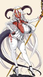 asanagi big_breasts curvy dark-skinned_female dark_skin demon demon_girl demon_horns demon_tail goat_ears goat_horns hand_on_hip high_heels huge_breasts long_hair miniskirt original sharp_teeth sideboob staff thick_thighs thighhighs white_hair yellow_eyes