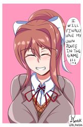 amrak breasts brown_hair doki_doki_literature_club monika_(doki_doki_literature_club) ribbon school_uniform smile white_ribbon