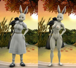 3d_(artwork) absurd_res anthro beastars breasts clothing crescentpapermoon digital_media_(artwork) dress female footwear genitals haru_(beastars) hi_res humanoid lagomorph leporid looking_at_viewer mammal nipples nude outside pussy rabbit shoes solo