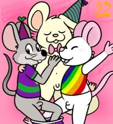 anthro anthro_only balls blush bottomless bow_tie buckteeth chuck_e_cheese chuck_e_cheese_(franchise) closed_eyes clothed clothing erection fur genitals grey_body grey_fur hand_on_chest hand_on_head hand_on_shoulder hat headgear headwear lgbt_pride male male/male mammal mascot mouse murid murine navel nishi_oxnard open_mouth open_smile oxynard party_hat penis pride_colors rat rodent shirt shirt_only small_balls small_penis smile tan_body tan_fur tank_top teeth topwear topwear_only trio underwear underwear_down whiskers white_body white_fur