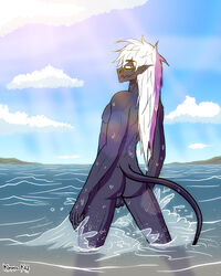 4:5 anthro ass backsack balls cel_shading cloud demon detailed_background frank_fathih genitals hair hi_res humanoid humanoid_pointy_ears kimero_kat lens_flare long_hair long_tail looking_at_viewer male nude sea shaded sky solo water wet wet_body white_hair