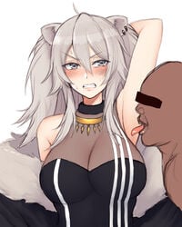 1boy1girl animal_ear_fluff armpits bngl0121 female/male female_focus grey_eyes grey_hair hololive hololive_gen_5 hololive_japan kemonomimi licking licking_armpit lion_ears lion_girl male/female shishiro_botan sweat sweatdrop virtual_youtuber