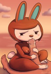 2020 animal_crossing anthro anthro_focus big_penis bodily_fluids breasts brown_body brown_hair buoy_boots carmen_(animal_crossing) duo erection faceless_character faceless_human faceless_male fellatio female female_focus female_on_human genitals hair hi_res human human_on_anthro humanoid_genitalia humanoid_penis interspecies lagomorph leporid looking_aside male male/female male_on_anthro mammal nintendo nipples nude oral penile penis playing_penis_like_flute rabbit saliva sex solo_focus video_games