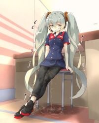 blush clothing counter embarrassed fully_clothed hatsune_miku minoco omorashi pee_on_floor peeing peeing_self piss_soaked store vocaloid watersports wetting wetting_self worker