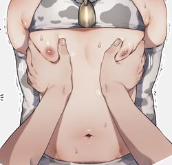 1boy armpits bell chest_grab cow_print gloves groping male_focus muroku_(aimichiyo0526) neck_bell nipples partially_clothed pubic_hair rubbing solo submissive_male tagme trembling