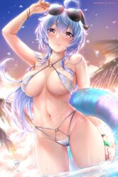 1girls belly_button big_breasts bikini blue_hair curvy curvy_figure female female_only ganyu_(genshin_impact) genshin_impact horns large_breasts long_hair looking_at_viewer midriff rei_kun solo solo_female sunglasses sunglasses_on_head swimsuit thick thighs voluptuous wet