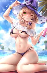 1girls beach belly_button big_breasts bikini brown_hair female female_only genshin_impact green_eyes hat headgear large_breasts lavender_nail_polish lisa_(genshin_impact) midriff nail_polish purple_nails rei_kun sitting solo solo_female swimsuit thick thick_thighs voluptuous