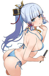 1girls ass bikini blue_eyes breasts cute dat_ass female genshin_impact hai_ookami kamisato_ayaka looking_at_viewer medium_breasts ponytail white_hair