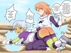 2girls apologizing ass battle_armor begging boots cheelai crying dat_ass dragon_ball dragon_ball_super exposed_ass femdom femsub galactic_patrol_(dragon_ball) galactic_patrol_uniform gloves green_skin humiliation multiple_girls pinkiri pinkiri_(jawking) punishment purple_eyes purple_legwear red_ass red_hair shaking_head shounen_jump spank_marks spanked_butt spanking tears white_hair