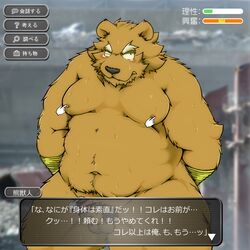 ! 1:1 2014 ? anthro balls belly blush bodily_fluids bound brown_body brown_fur dialogue erection fur genital_fluids genitals hands_tied hi_res japanese_text kemono male mammal moobs navel nipple_fetish nipple_play nipples overweight overweight_anthro overweight_male penis precum pubes small_penis solo suishou0602 sweat tears text ursid