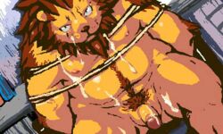 2012 5:3 anthro balls belly bodily_fluids bound brown_body brown_fur cum cum_on_face edit felid fur genital_fluids genitals kemono koda-kota lion low_res male mammal moobs nipples overweight overweight_anthro overweight_male pantherine penis rope sitting solo uncensored