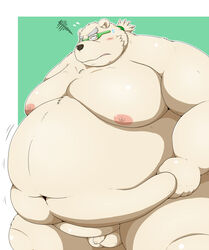 2021 anthro balls belly big_breasts blush breasts burenai eyewear fat fat_belly fur genitals glasses hi_res kemono leib_(tokyo_afterschool_summoners) male male_only mammal moobs morbidly_obese morbidly_obese_male navel nipples obese obese_male overweight overweight_male penis polar_bear simple_background small_penis solo tokyo_afterschool_summoners ursid ursine video_games white_body white_fur